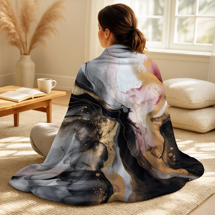 Abstract Marble Decorative Throw Blanket Set - Black Gold Marble Splash I