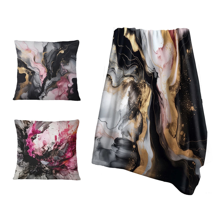 Abstract Marble Decorative Throw Blanket Set - Black Gold Marble Splash I