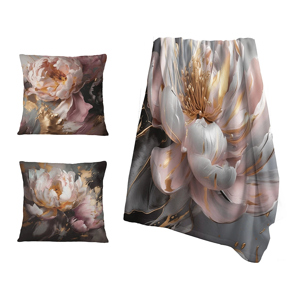 Abstract Marble Throw Blanket - Marble Pink Gold Peony Flower III