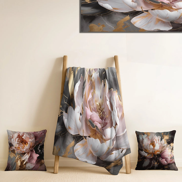 Abstract Marble Throw Blanket Set - Marble Pink Gold Peony Flower IV