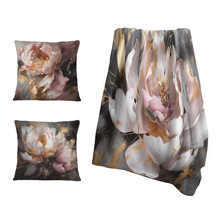 Abstract Marble Throw Blanket Set - Marble Pink Gold Peony Flower IV