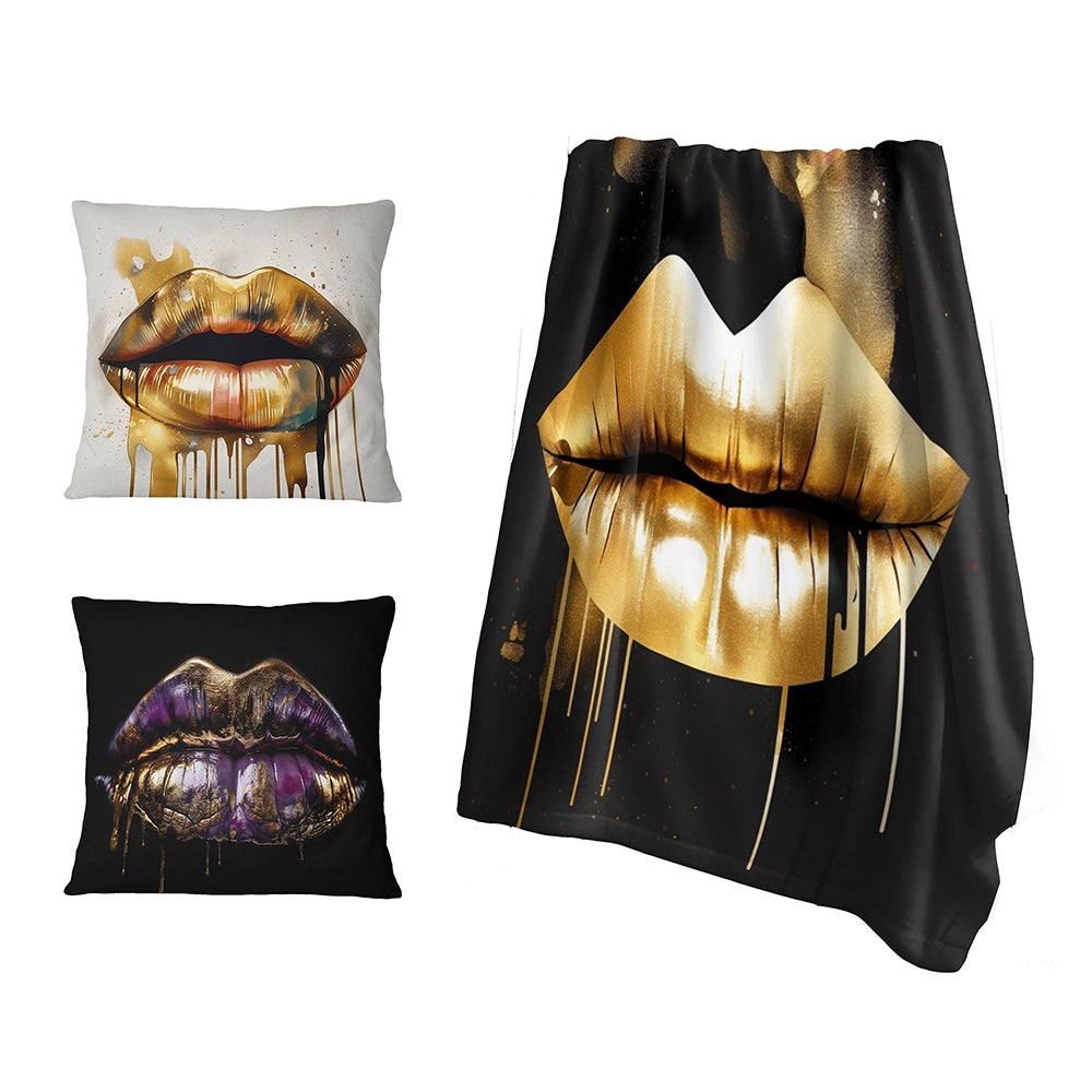 Glam Throw Blanket Set - Gold Lips Of Luxury II