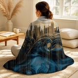 City Art Deco Decorative Throw Blanket Set - Gold And Blue Urban Elegance I