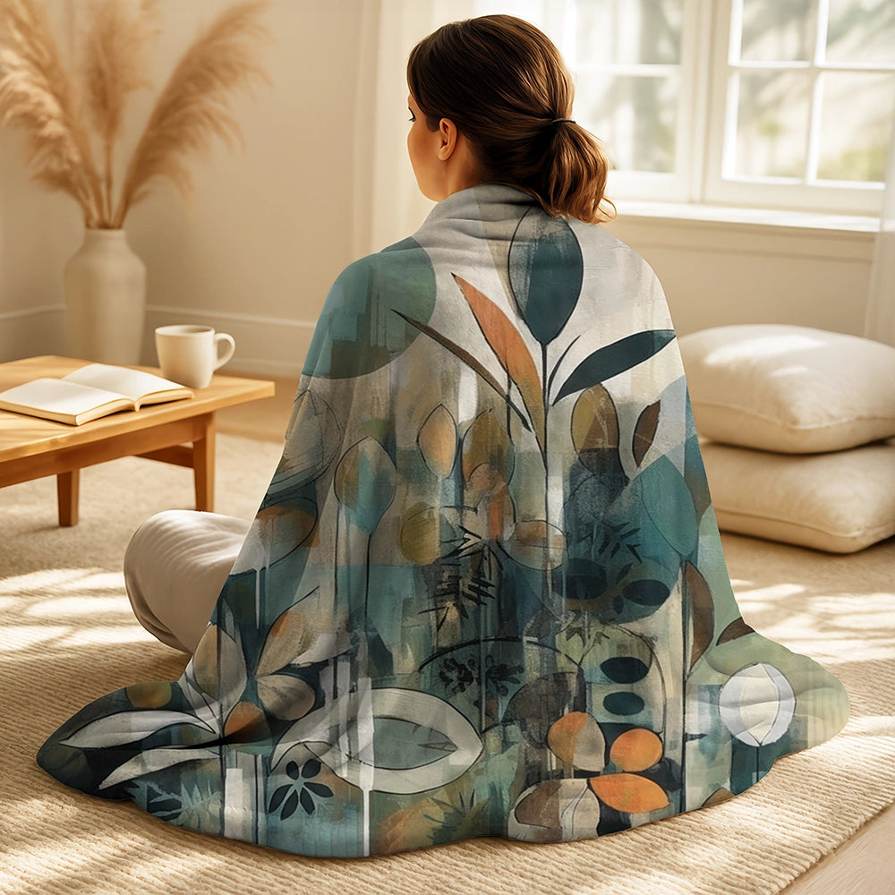 Boho Feather Throw Blanket Set - Orange And Green Abstract Bohemia III