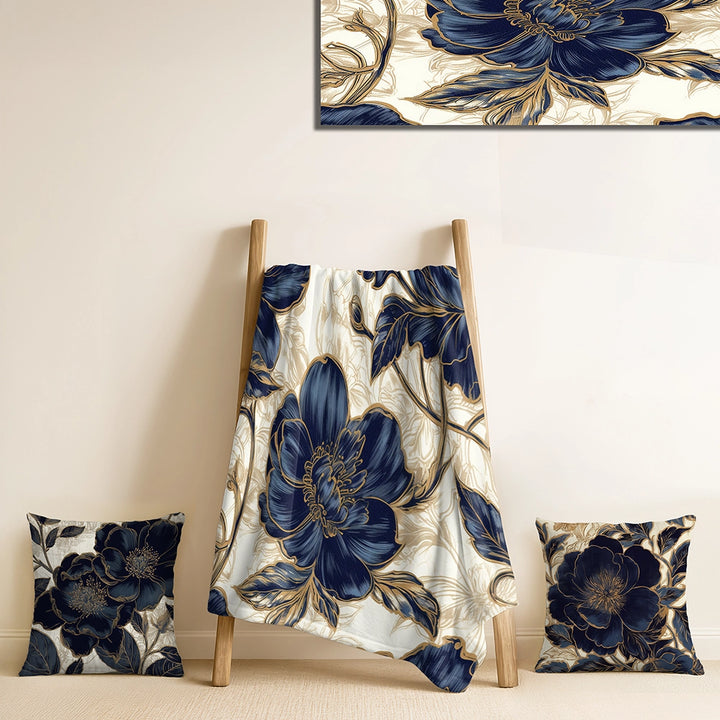 Peonies Throw Blanket - Blue Gold Peonies Celebration VII