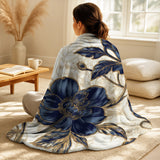 Peonies Throw Blanket - Blue Gold Peonies Celebration VII