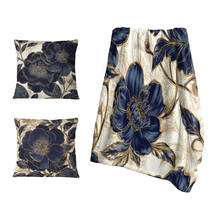 Peonies Throw Blanket - Blue Gold Peonies Celebration VII
