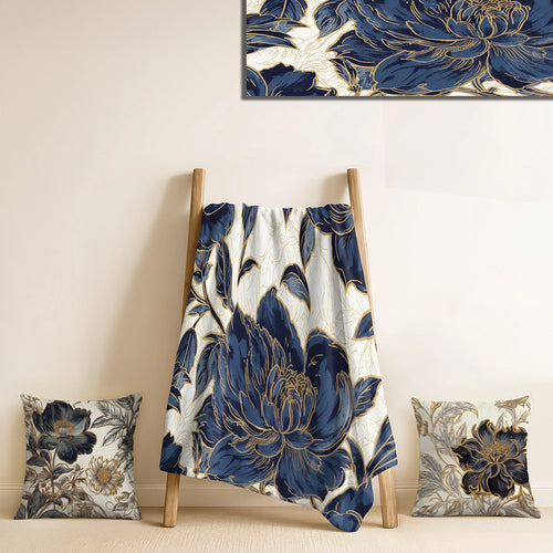 Peonies Throw Blanket - Blue Gold Peonies Symphony IV