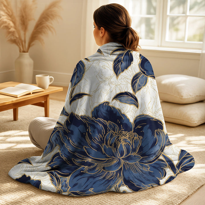 Peonies Throw Blanket - Blue Gold Peonies Symphony IV