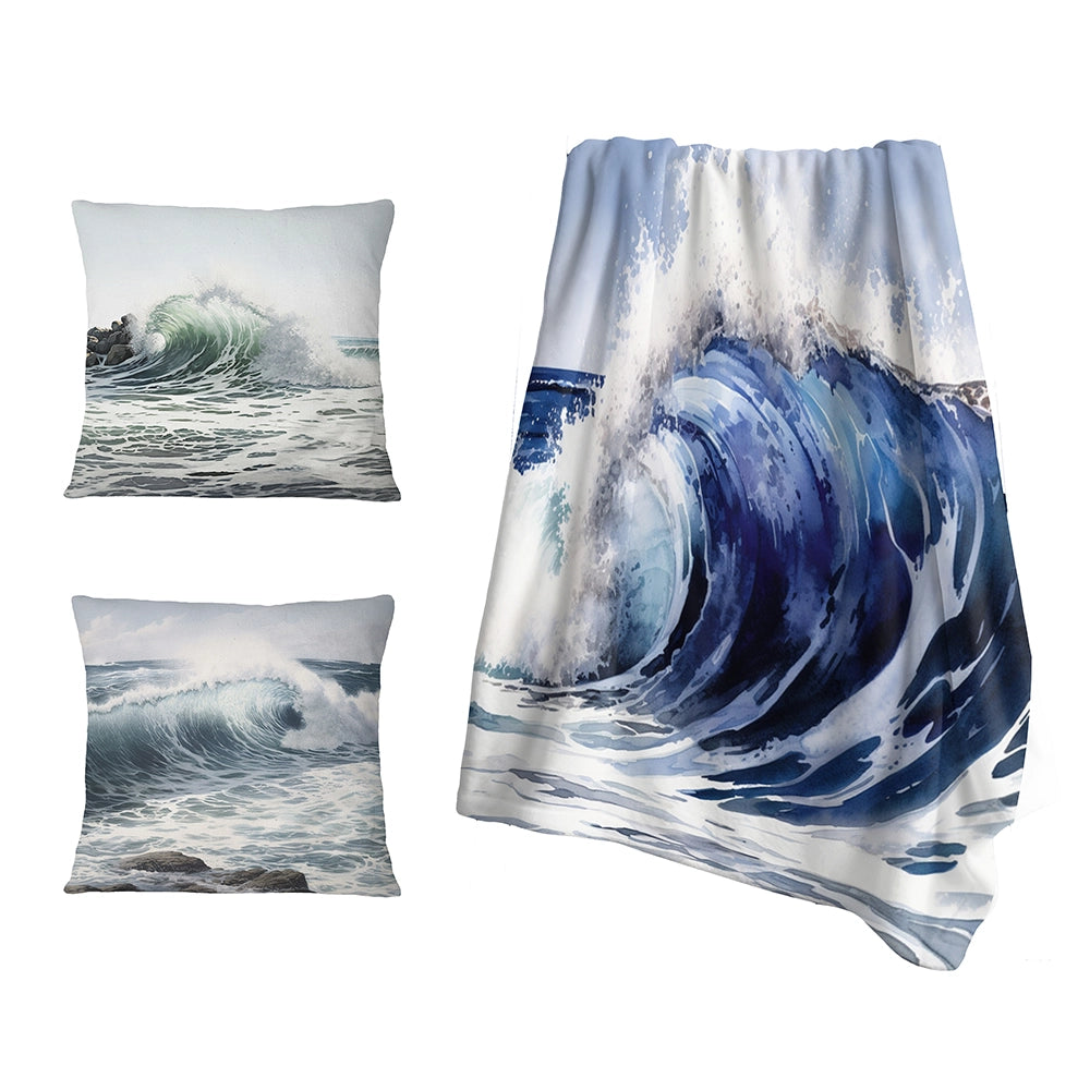 Modern Beach Throw Blanket Set - Ocean Wave Movement V
