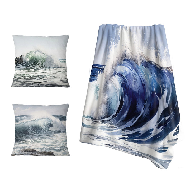 Modern Beach Throw Blanket Set - Ocean Wave Movement V