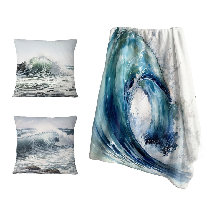 Modern Beach Decorative Throw Blanket Set - Ocean Wave Movement VI