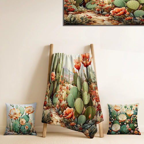 Cactus Throw Blanket - Coral Green Cactus Desert Blooms Pointillism III