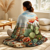 Cactus Throw Blanket - Coral Green Cactus Desert Blooms Pointillism III
