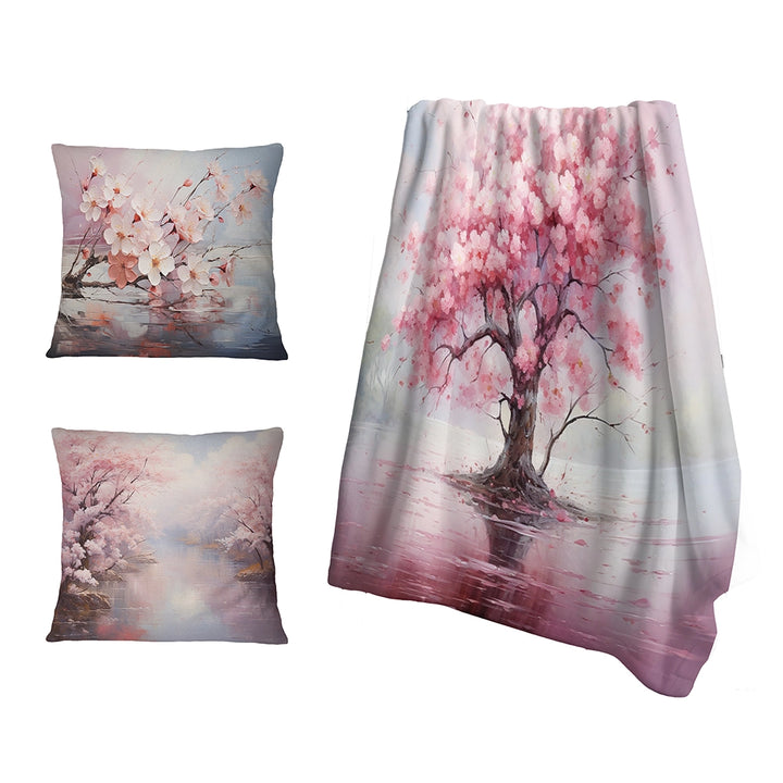 Cherry Blossom Decorative Throw Blanket Set - Pink Cherry Blossom Romantic Impression III