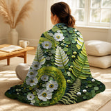 Ferns Throw Blanket Set - Light Green Ferns Plant Whimsical Spirals I