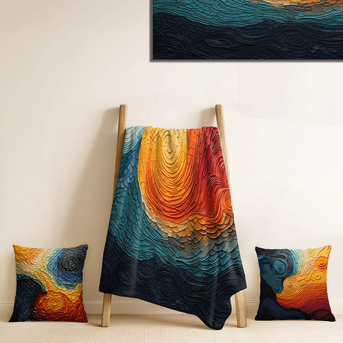 Op Art Throw Blanket Set - Teal Orange Op Art Rhythmic Illusion III