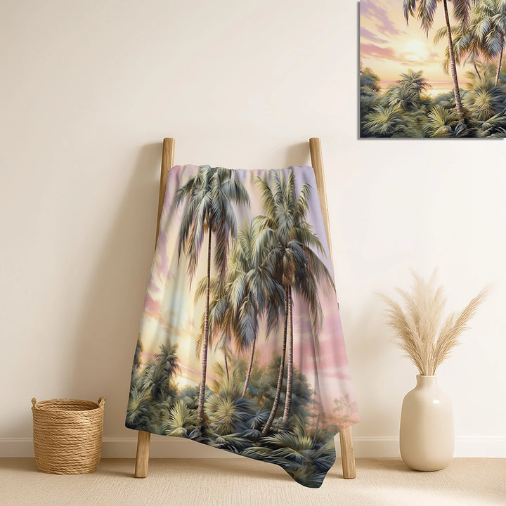 Palms &amp; Palm Trees Throw Blanket - Palm Trees Romantic Sunset I