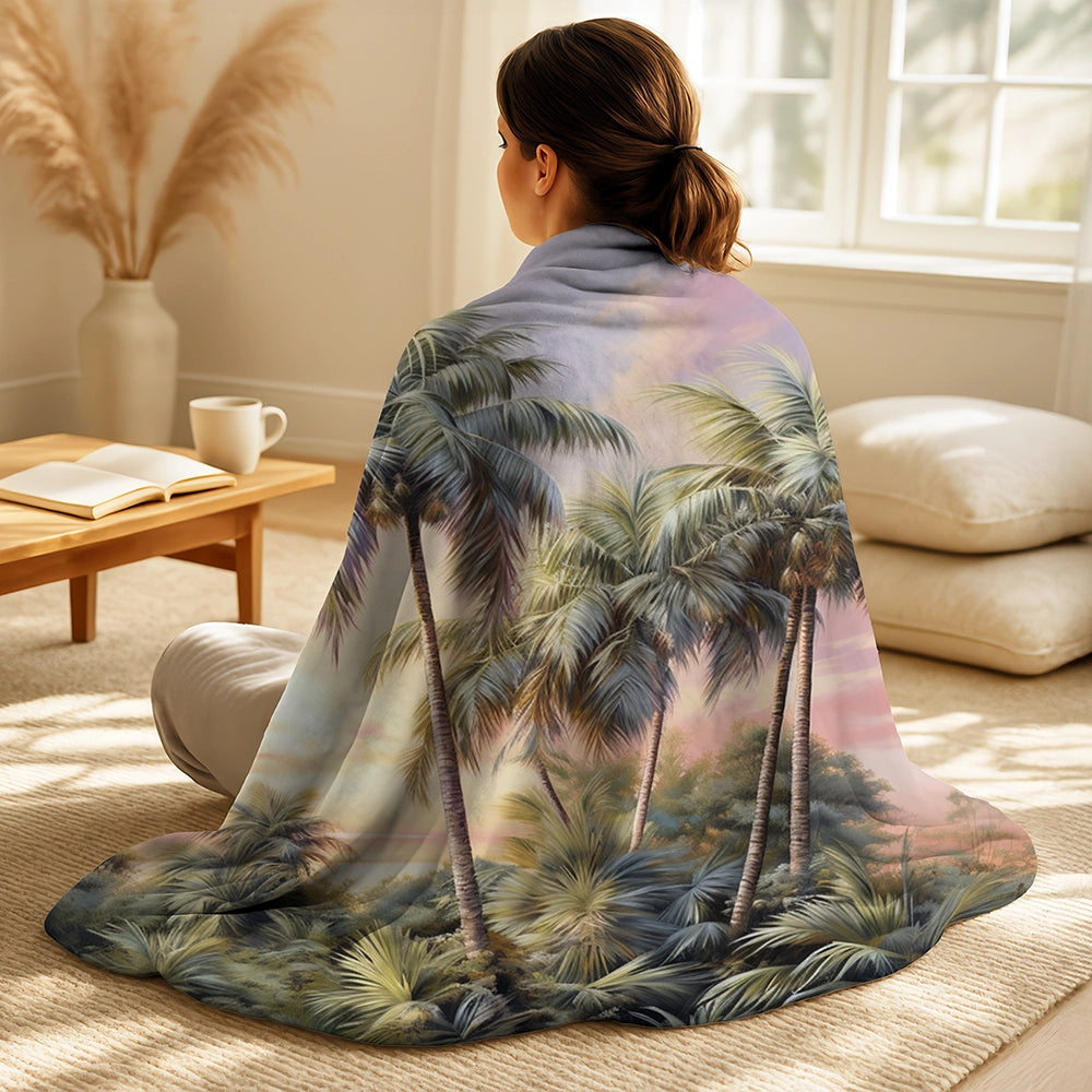 Palms &amp; Palm Trees Throw Blanket - Palm Trees Romantic Sunset I