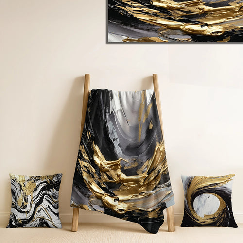 Abstract Throw Blanket Set - Golden Wave Reflections VIII