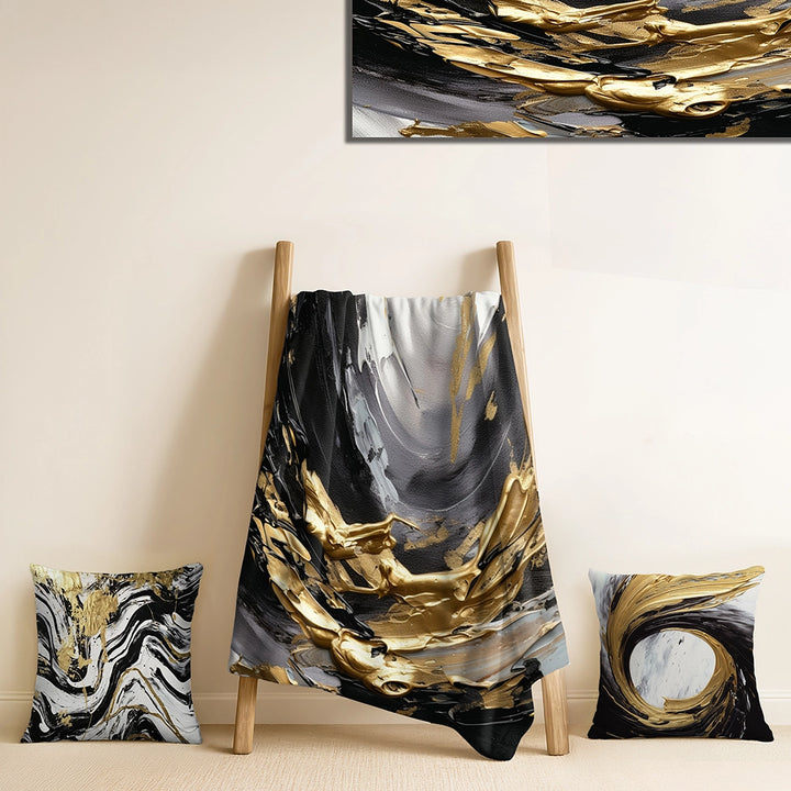 Abstract Throw Blanket Set - Golden Wave Reflections VIII