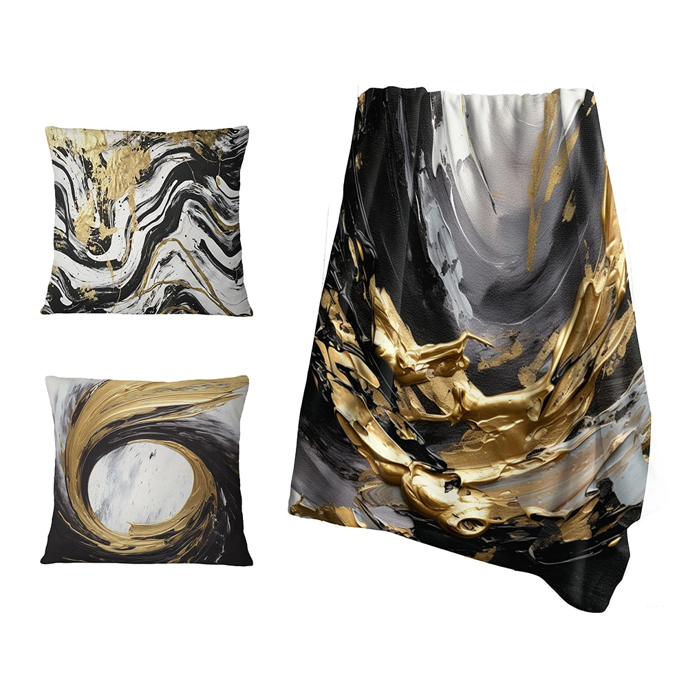 Abstract Throw Blanket Set - Golden Wave Reflections VIII