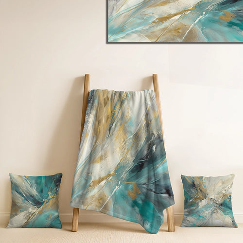 Abstract Decorative Throw Blanket Set - Golden Hour In Turquoise Waves IV