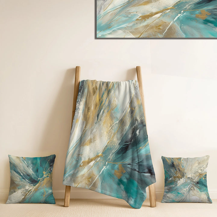 Abstract Decorative Throw Blanket Set - Golden Hour In Turquoise Waves IV