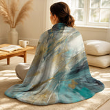 Abstract Decorative Throw Blanket Set - Golden Hour In Turquoise Waves IV