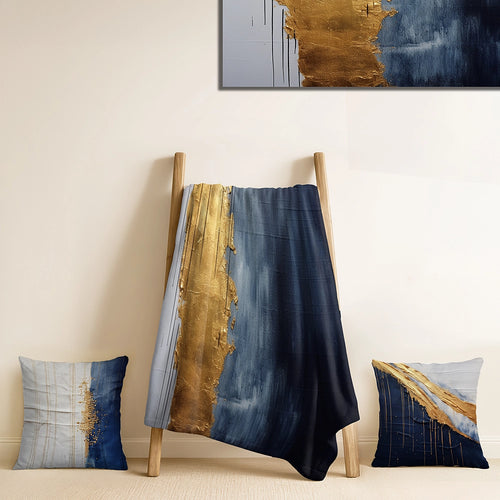 Abstract Painting Throw Blanket Set - A Touch Of Gold And Kings Blue III