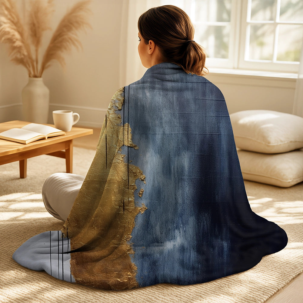 Abstract Painting Throw Blanket Set - A Touch Of Gold And Kings Blue III