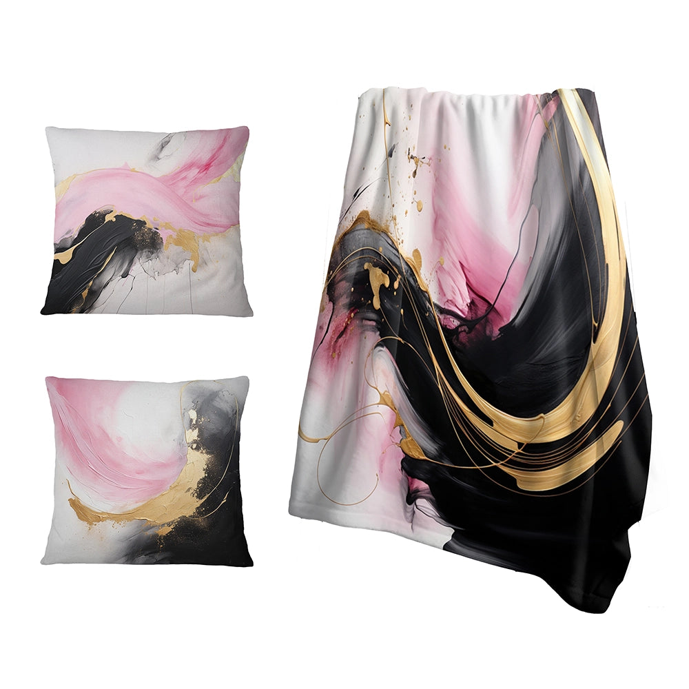 Abstract Painting Throw Blanket Set - Abstract Gold Wave Pink And Black I
