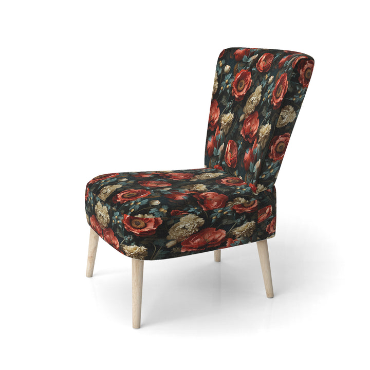 Deep Red And Beige Floral Blooms - Cottage Arm Chair