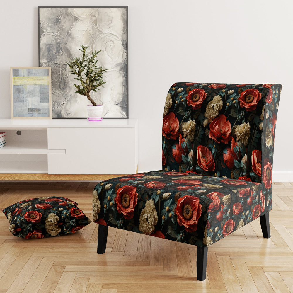 Deep Red And Beige Floral Blooms - Cottage Arm Chair