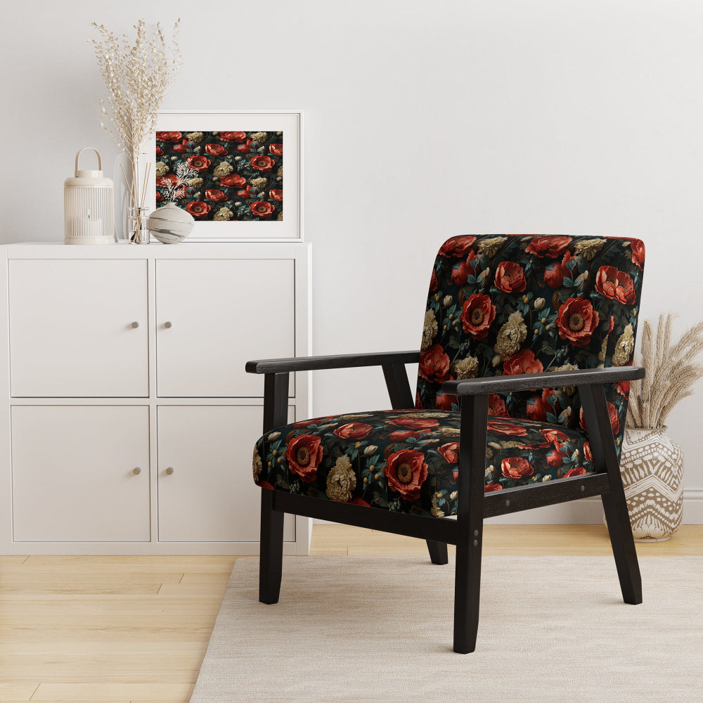 Deep Red And Beige Floral Blooms - Cottage Arm Chair