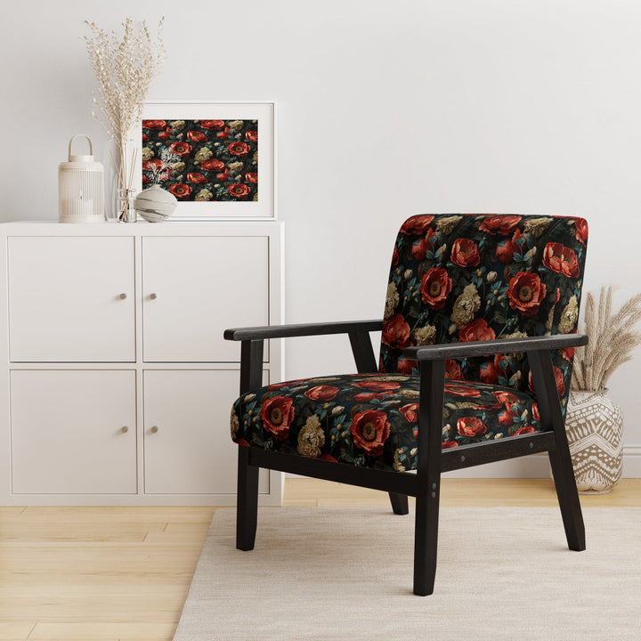 Deep Red And Beige Floral Blooms - Cottage Arm Chair