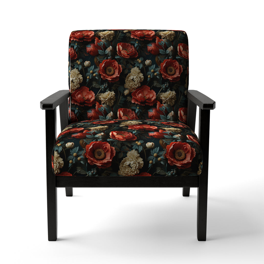 Deep Red And Beige Floral Blooms - Cottage Arm Chair