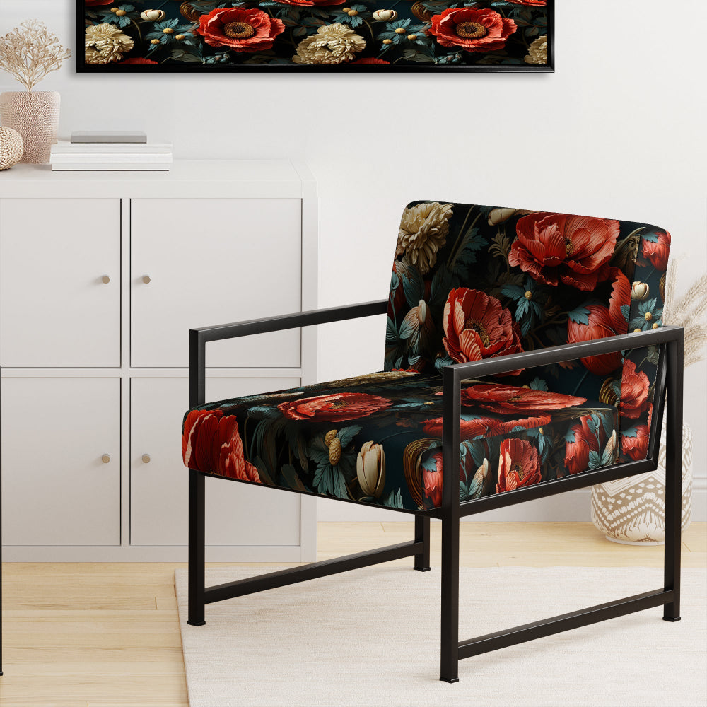 Deep Red And Beige Floral Blooms - Cottage Arm Chair