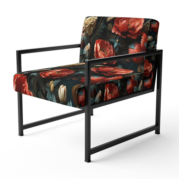 Deep Red And Beige Floral Blooms - Cottage Arm Chair