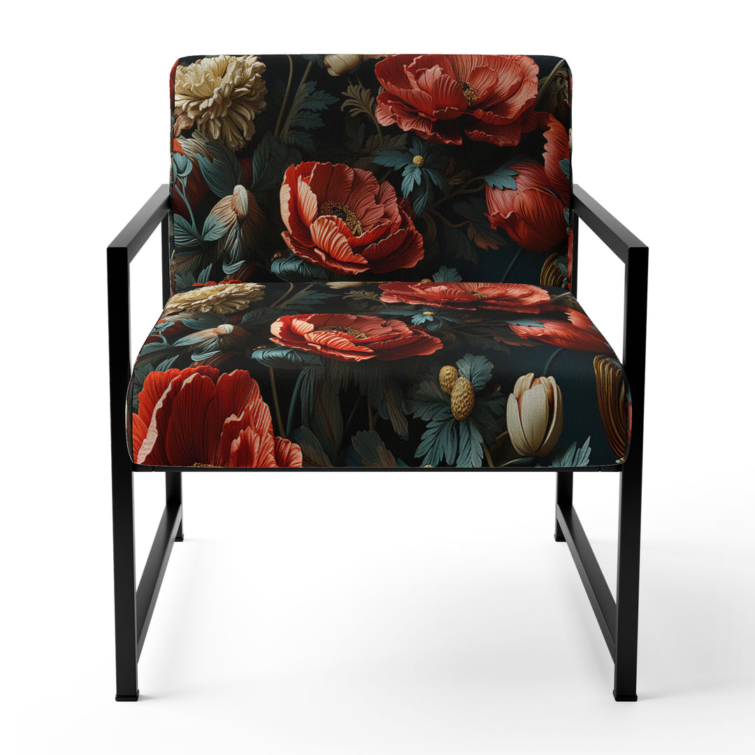 Deep Red And Beige Floral Blooms - Cottage Arm Chair