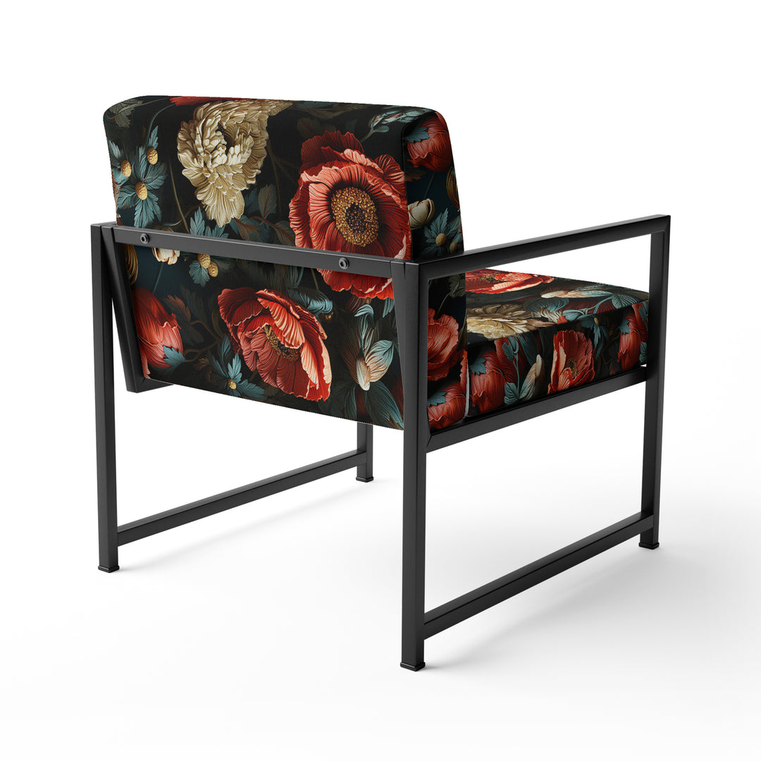 Deep Red And Beige Floral Blooms - Cottage Arm Chair