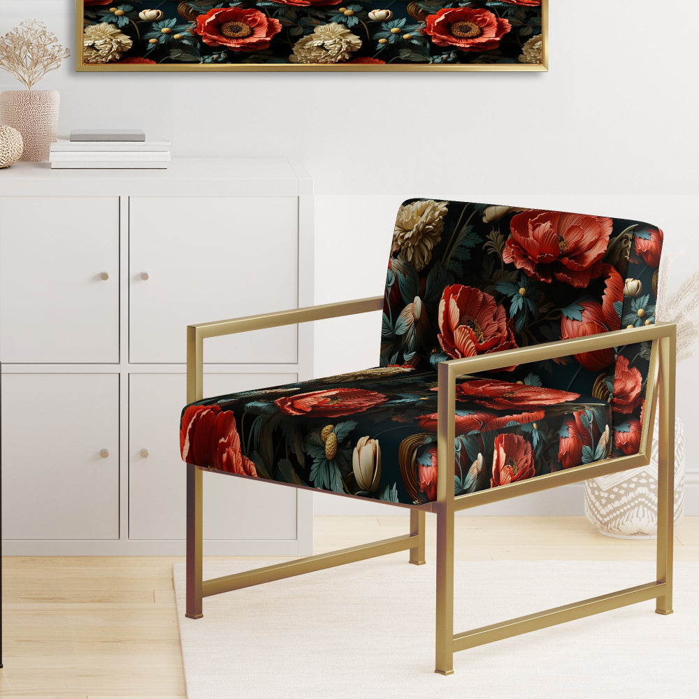 Deep Red And Beige Floral Blooms - Cottage Arm Chair