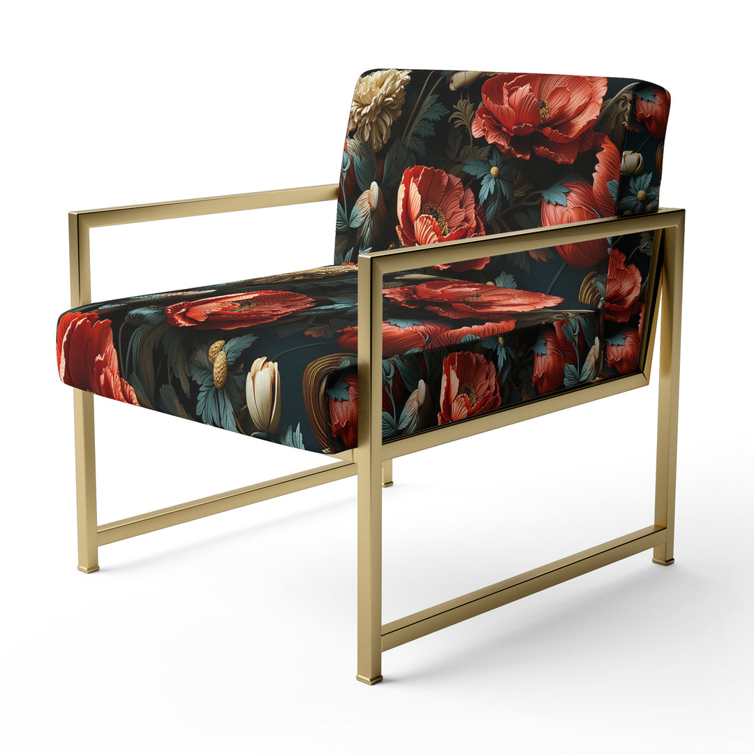 Deep Red And Beige Floral Blooms - Cottage Arm Chair