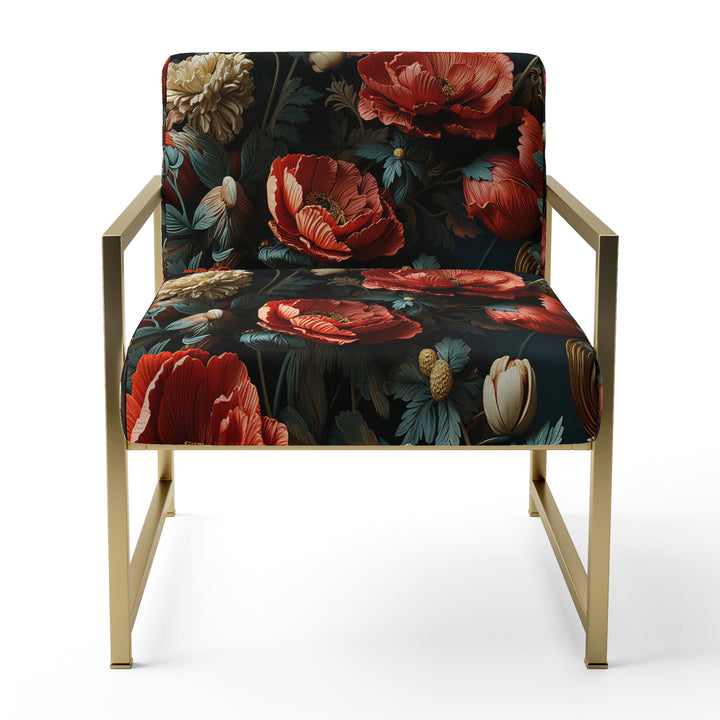 Deep Red And Beige Floral Blooms - Cottage Arm Chair