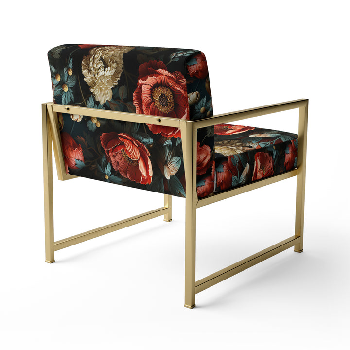 Deep Red And Beige Floral Blooms - Cottage Arm Chair