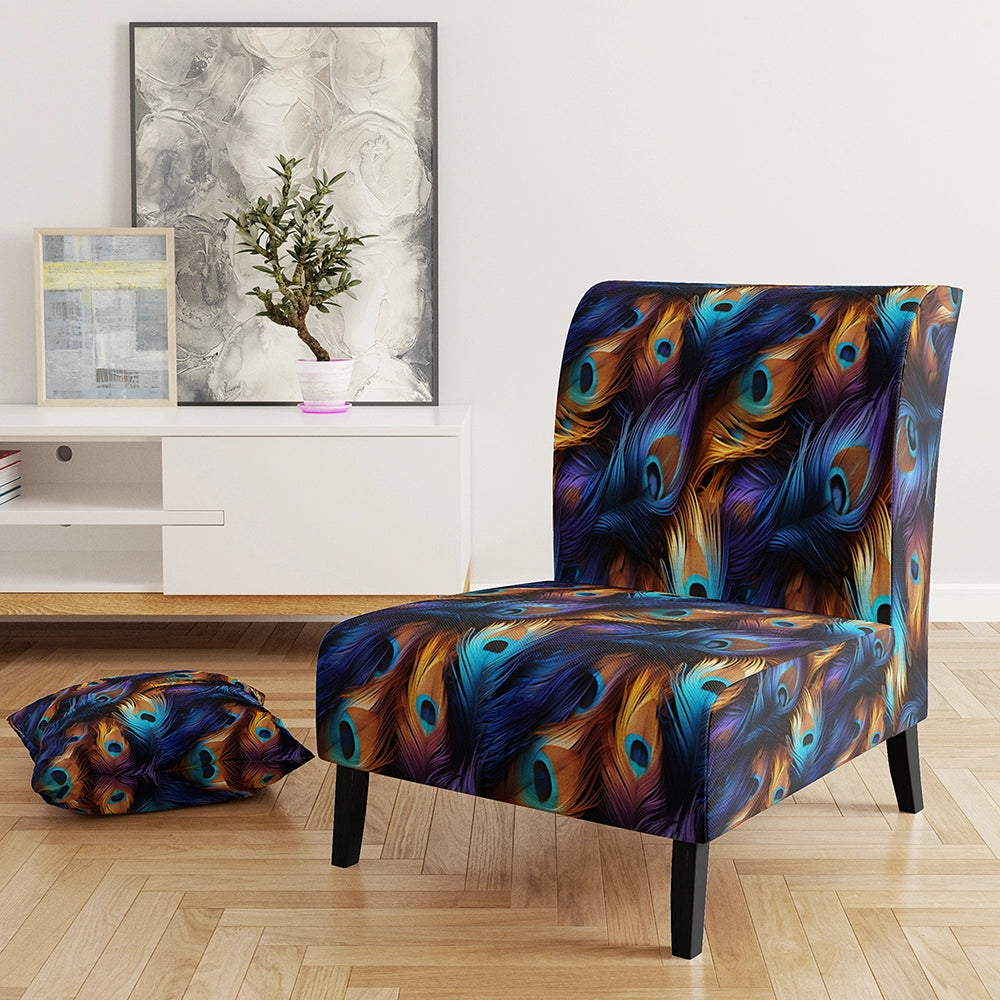 Blue And Pruple Vibrant Peacock Feather- Upholstered Accent Chair
