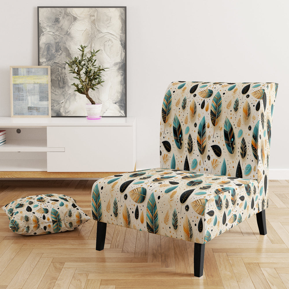 Beige And Blue Boho Chic Feathers Charms - Bohemian Accent Slipper Chair