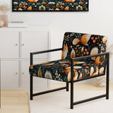 Chair with fox and floral pattern in a room with white cabinets and a framed picture on the wall.