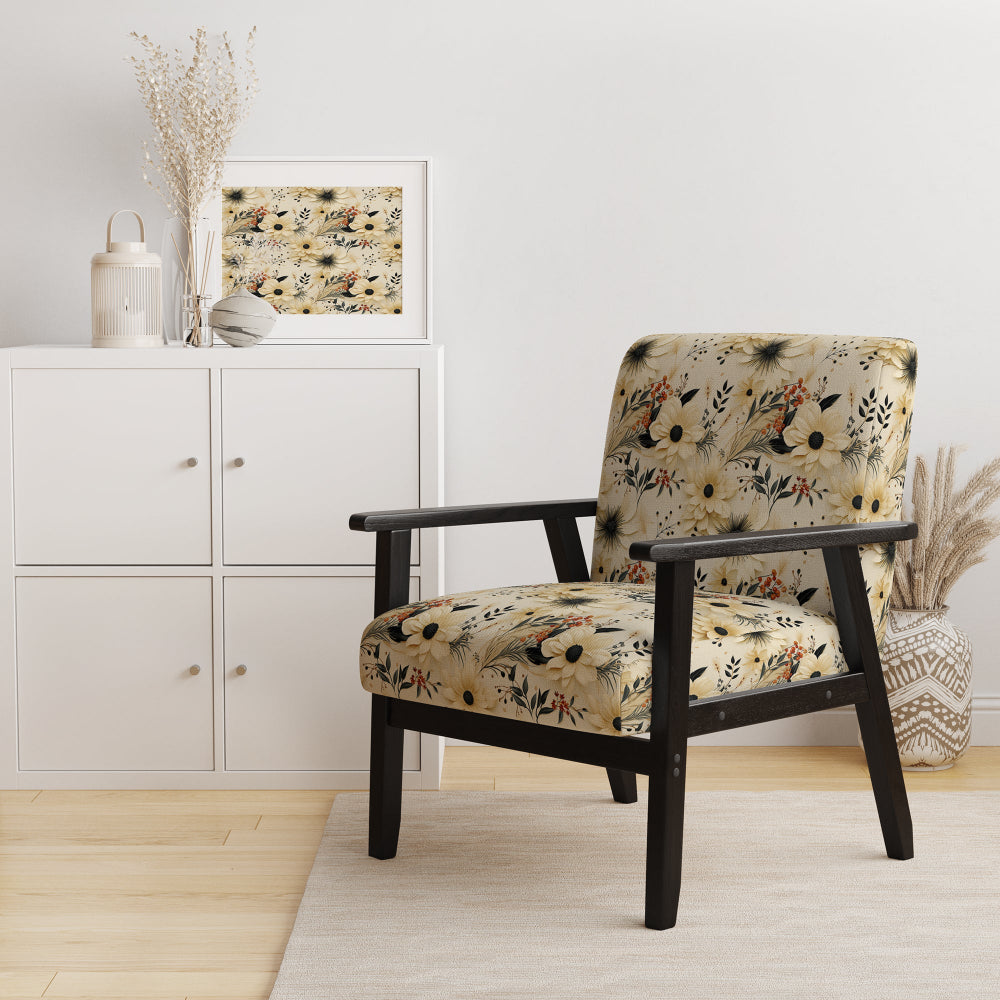Black And Beige Flowers Chrysanthemums Pattern - Upholstered Cottage Accent Chairs