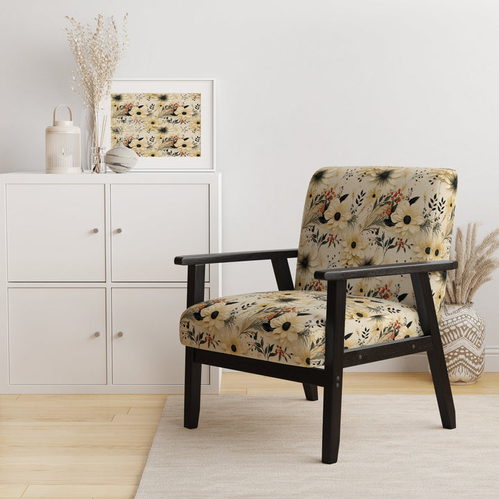 Black And Beige Flowers Chrysanthemums Pattern - Upholstered Cottage Accent Chairs